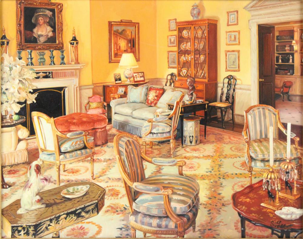 S. H. Lee comparable auction result: s h lee 1944 living room interior oil on board