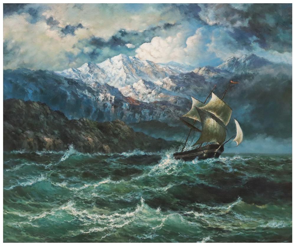 LARGE OIL PAINTING, SAILING SHIP IN ROUGH SEAS, 30" X 36" sold by Austin Auction Gallery, lot 2407 — auction record photograph