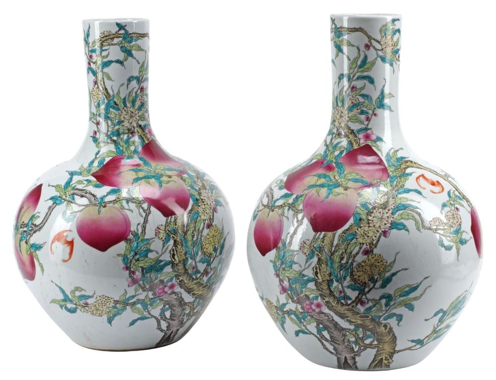 (2) CHINESE FAMILLE ROSE PEACH MOTIF BOTTLE VASES sold by Austin Auction Gallery, lot 3203 — auction record photograph