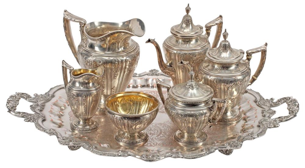 (7) GORHAM 'MAINTENON' STERLING SILVER TEA & COFFEE SERVICE ON SILVERPLATE TRAY sold by Austin Auction Gallery, lot 3218 — auction record photograph