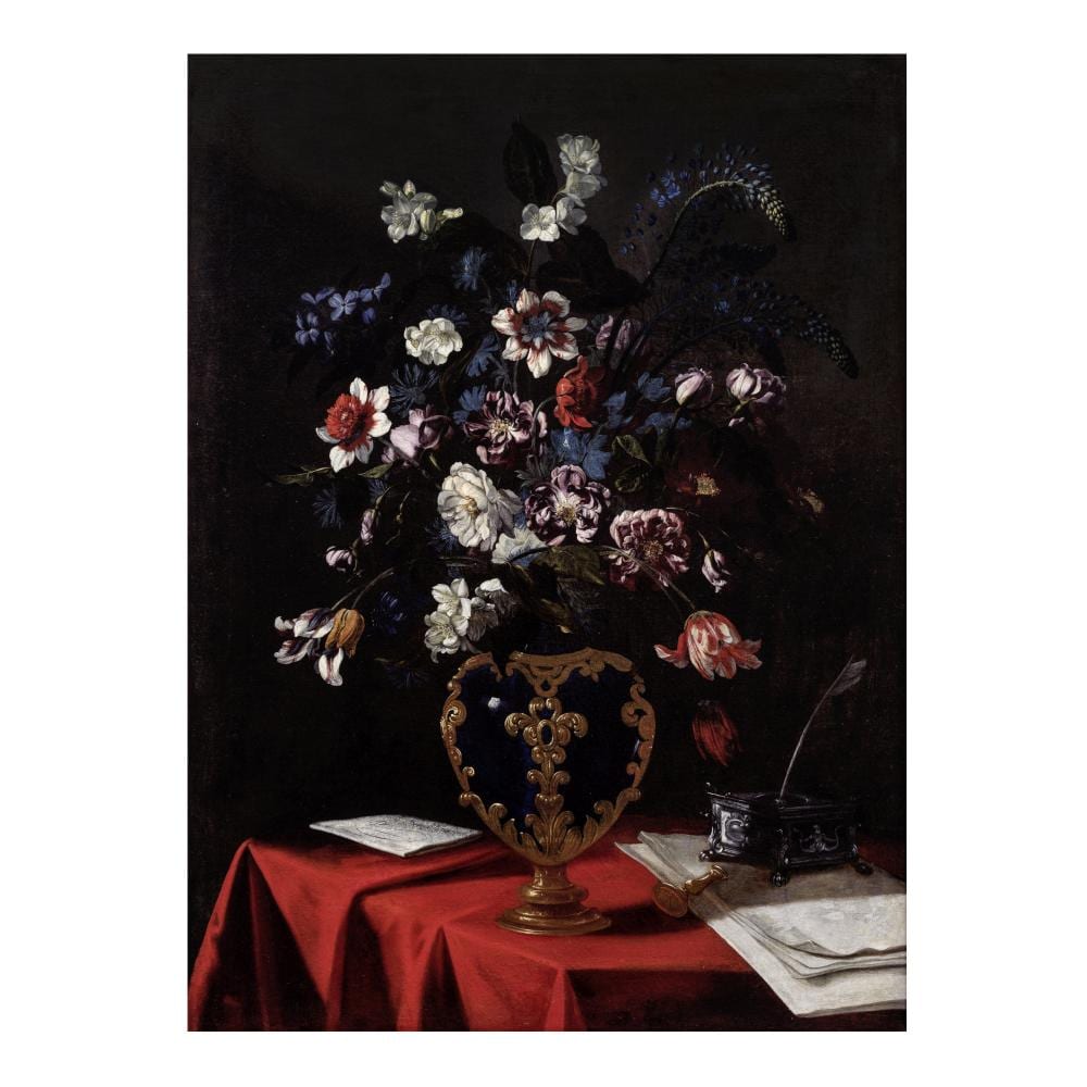 Giacomo Recco comparable auction result: giacomo recco naples 1603 1650 tulips roses chrysanthemums and other flowers in a gilt bronze mounted vase on a draped table top