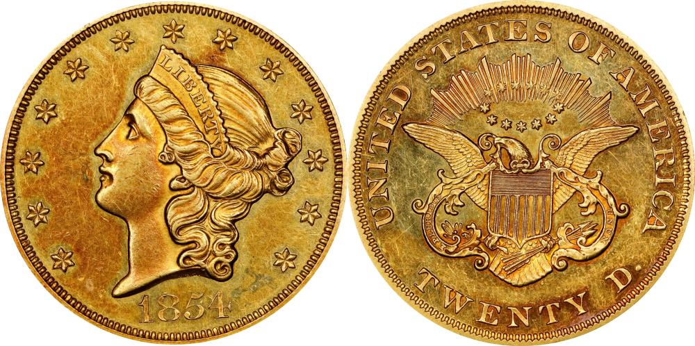 1854 Liberty Head Double Eagle. JD-1. Rarity-8+. Large Date. Proof-61 (PCGS). CMQ. sold by Stack's Bowers Galleries, lot 20021 — auction record photograph