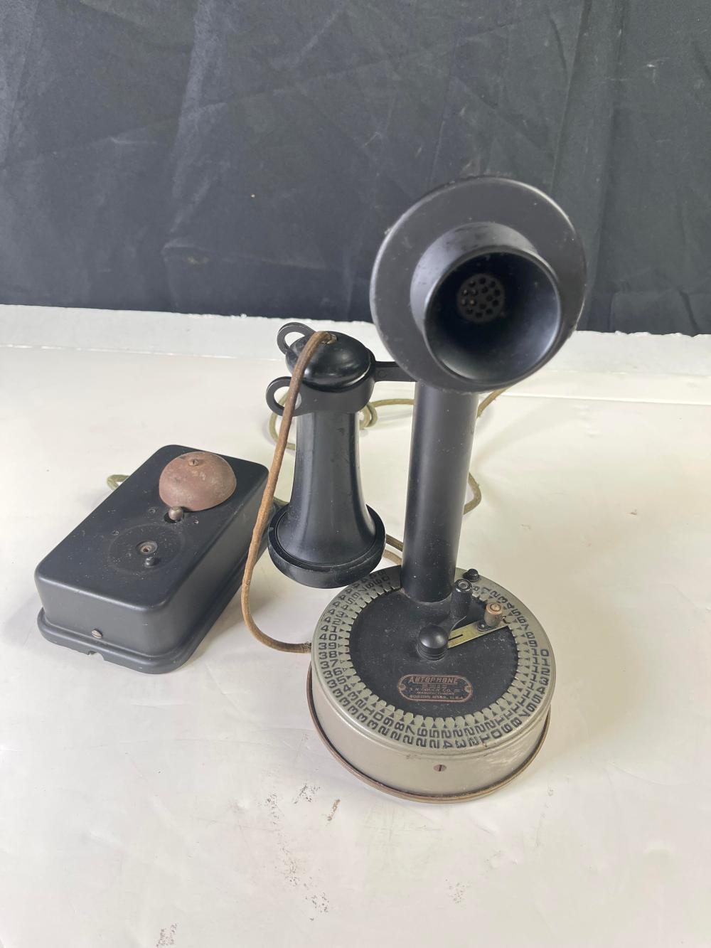 Antique S.H. Couch automatic candlestick telephone with separate ringer box, circa 1900-1920 sold by Ripley Auctions, lot 10271 — auction record photograph