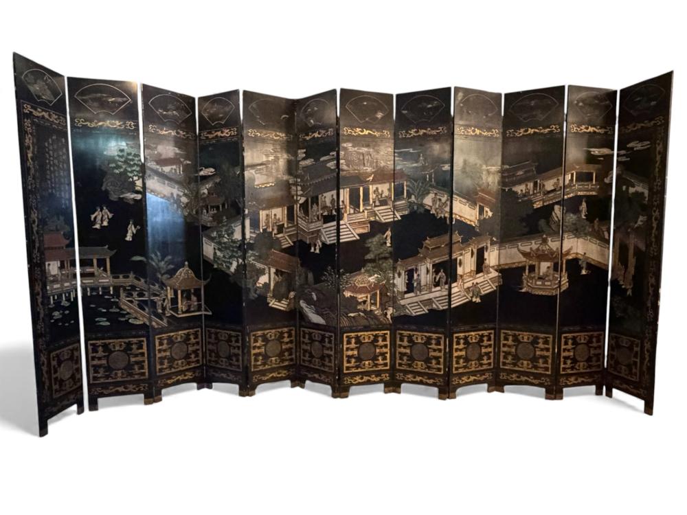 Monumental Chinese Twelve-Panel Coromandel Screen, early 20th Century sold by Stevens Auction Company, lot 192 — auction record photograph