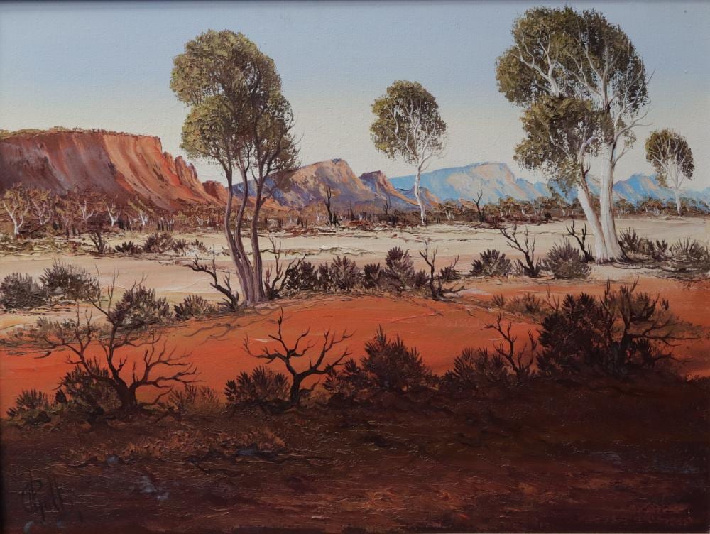 henk guth oil on canvas the macdonnell ranges signed lower left and details to verso approx 60cm x 44cm · Albion Antique Auction Centre · 2025-11-27 Henk Guth comparable auction result: henk guth oil on canvas the macdonnell ranges signed lower left and details to verso approx 60cm x 44cm