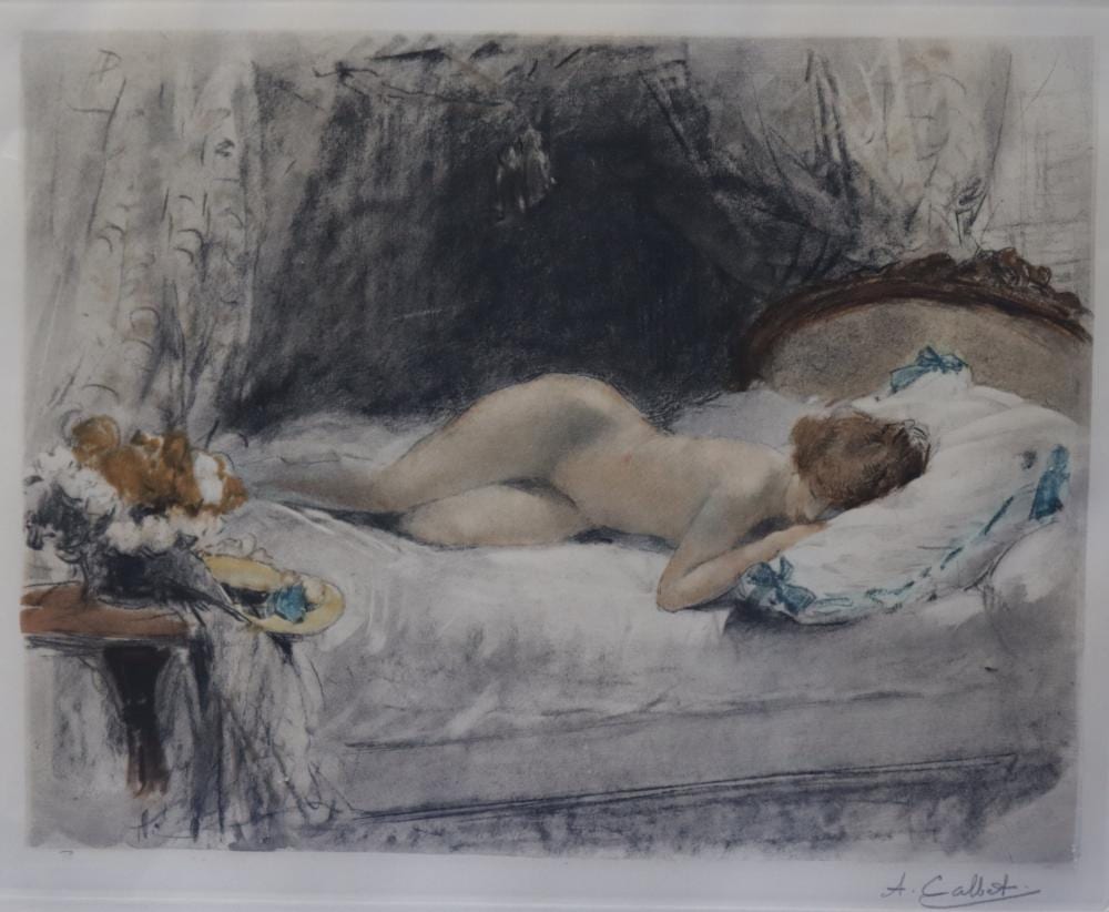 Antoine Calbet comparable auction result: antoine calbet coloured lithograph on woven paper signed in pencil lower right measures 37cm x 32cm