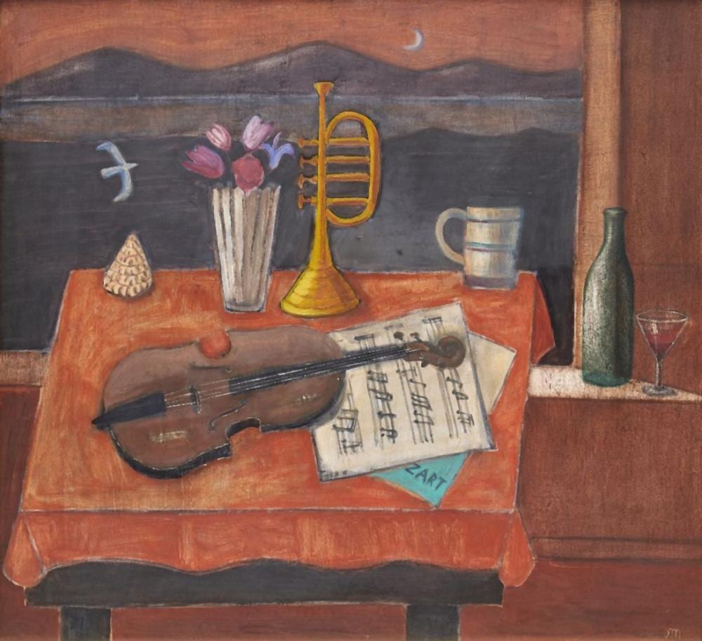 Jock MacInnes comparable auction result: jock macinnes scottish b 1943 a little night music oil on board signed with initials lower