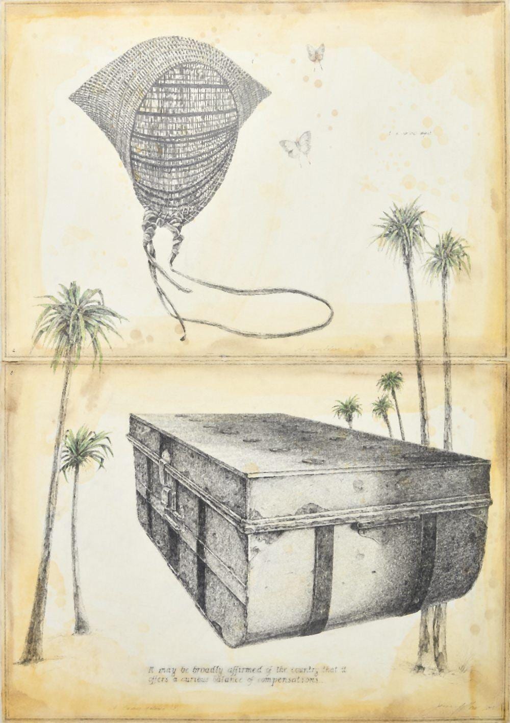 danie mellor australian b 1971 a curious balance 2005 pencil crayon and wash on two joined · Roseberys · 2025-12-10 Danie Mellor comparable auction result: danie mellor australian b 1971 a curious balance 2005 pencil crayon and wash on two joined