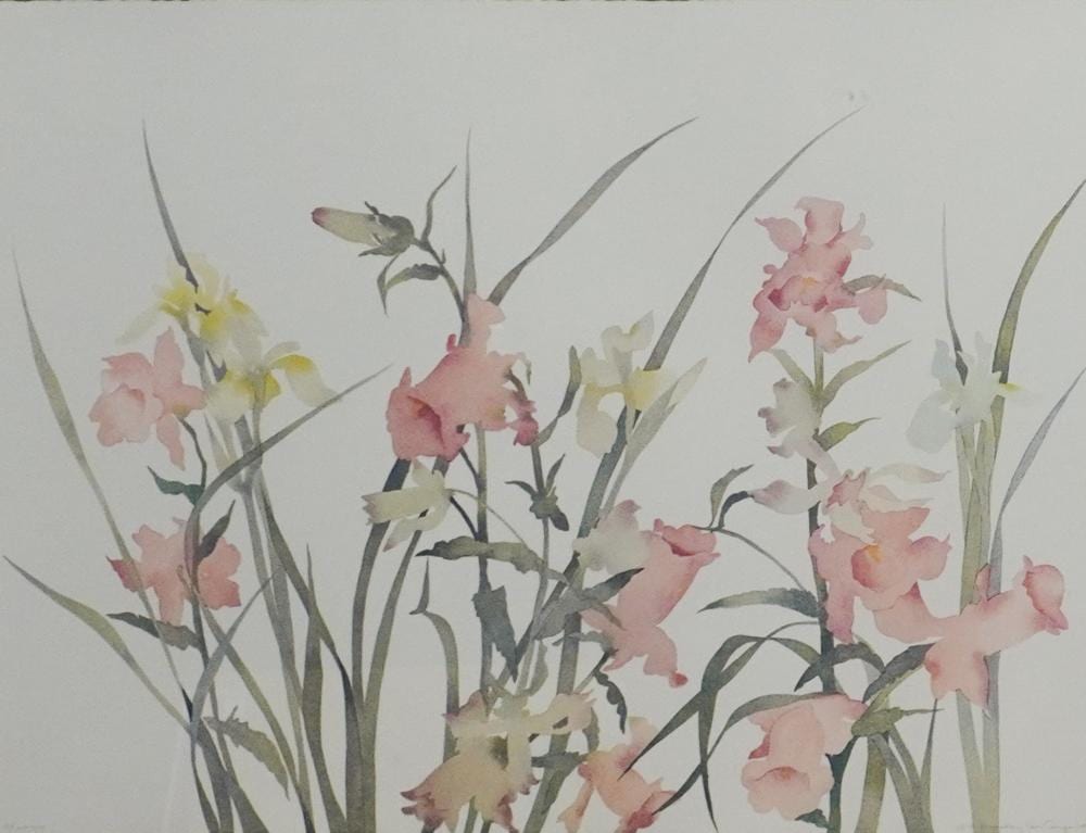 susan headley van campen american b 1951 pink flowers lithograph in color signed l r titled l l frame 32 x 40 in 81 3 x 101 6 cm · Weschler's · 2025-11-25 Susan Headley van Campen comparable auction result: susan headley van campen american b 1951 pink flowers lithograph in color signed l r titled l l frame 32 x 40 in 81 3 x 101 6 cm