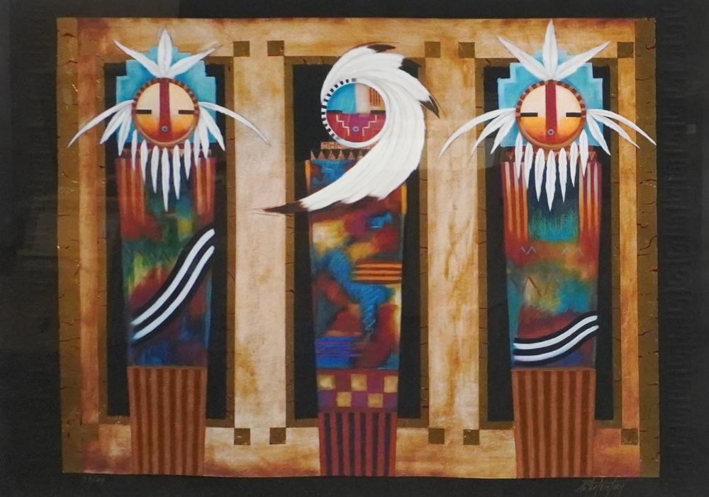 Poteet Victory comparable auction result: poteet victory choctaw cherokee b 1948 echoes of spirit mixed media print signed and numbered 34 49 frame 43 x 55 in 109 2 x 139 7 cm