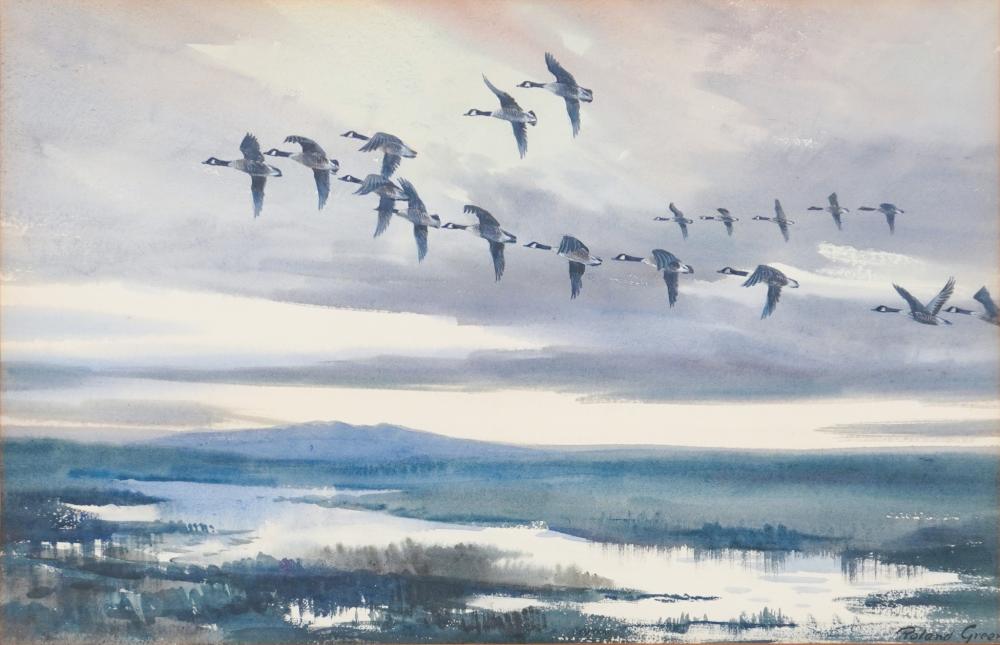 Roland Green comparable auction result: roland green british 1896 1972 geese flying over marshland watercolor on paper signed l r frame 19 x 24 1 2 in 48 3 x 62 2 cm