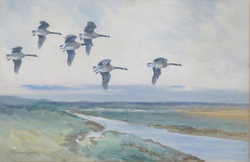 Roland Green comparable auction result: roland green british 1896 1972 geese flying over marshland watercolor on paper signed l l frame 20 1 2 x 26 in 52 1 x 66 cm