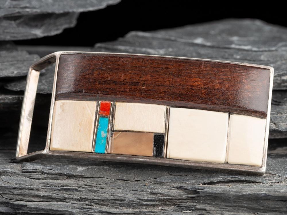 Edison Cummings comparable auction result: edison cummings din b 1962 sterling silver inlaid belt buckle with 14k gold spacers
