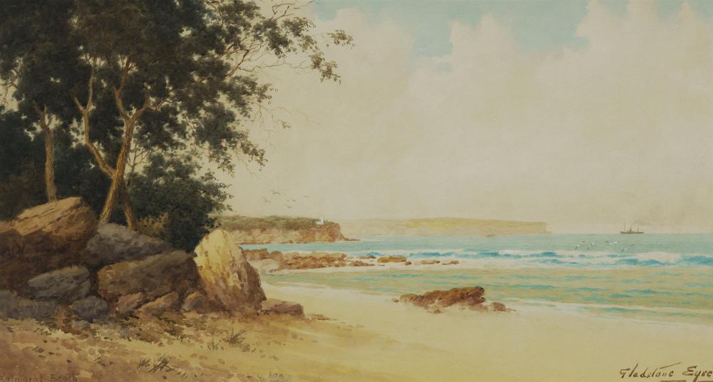 Gladstone Eyre comparable auction result: eyre gladstone 1863 1933 balmoral beach with view to dobroyd head and north head w clr 30 5x57cm
