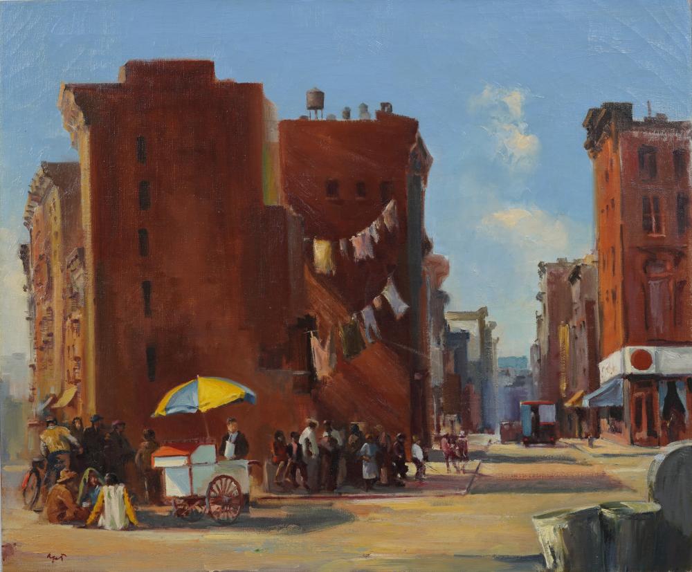 Charles Apt comparable auction result: charles apt b 1933 vintage american modernist new york street scene signed oil painting