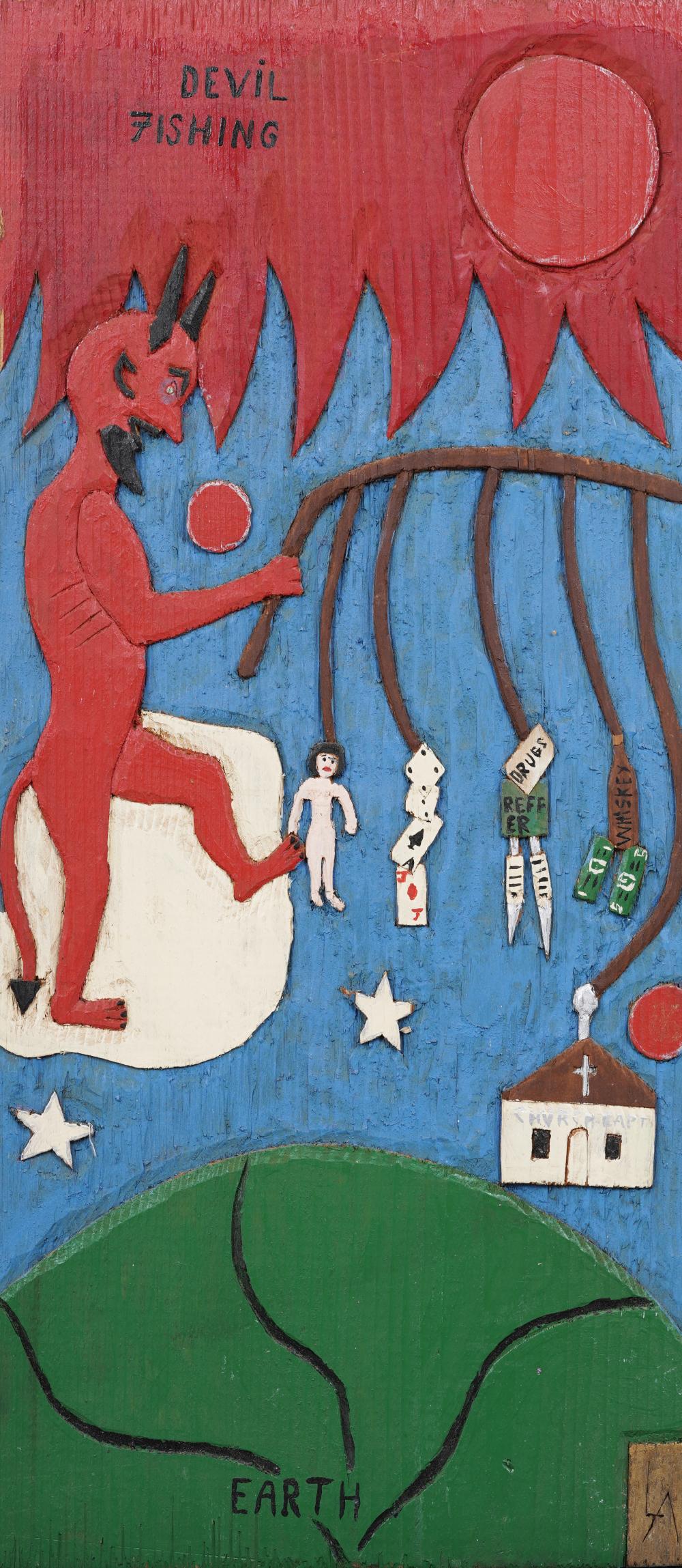 leroy almon 1938 1997 vintage american folk art satan fishing carved painted wood relief · Curated Gallery Auctions · 2025-12-07 Leroy Almon comparable auction result: leroy almon 1938 1997 vintage american folk art satan fishing carved painted wood relief