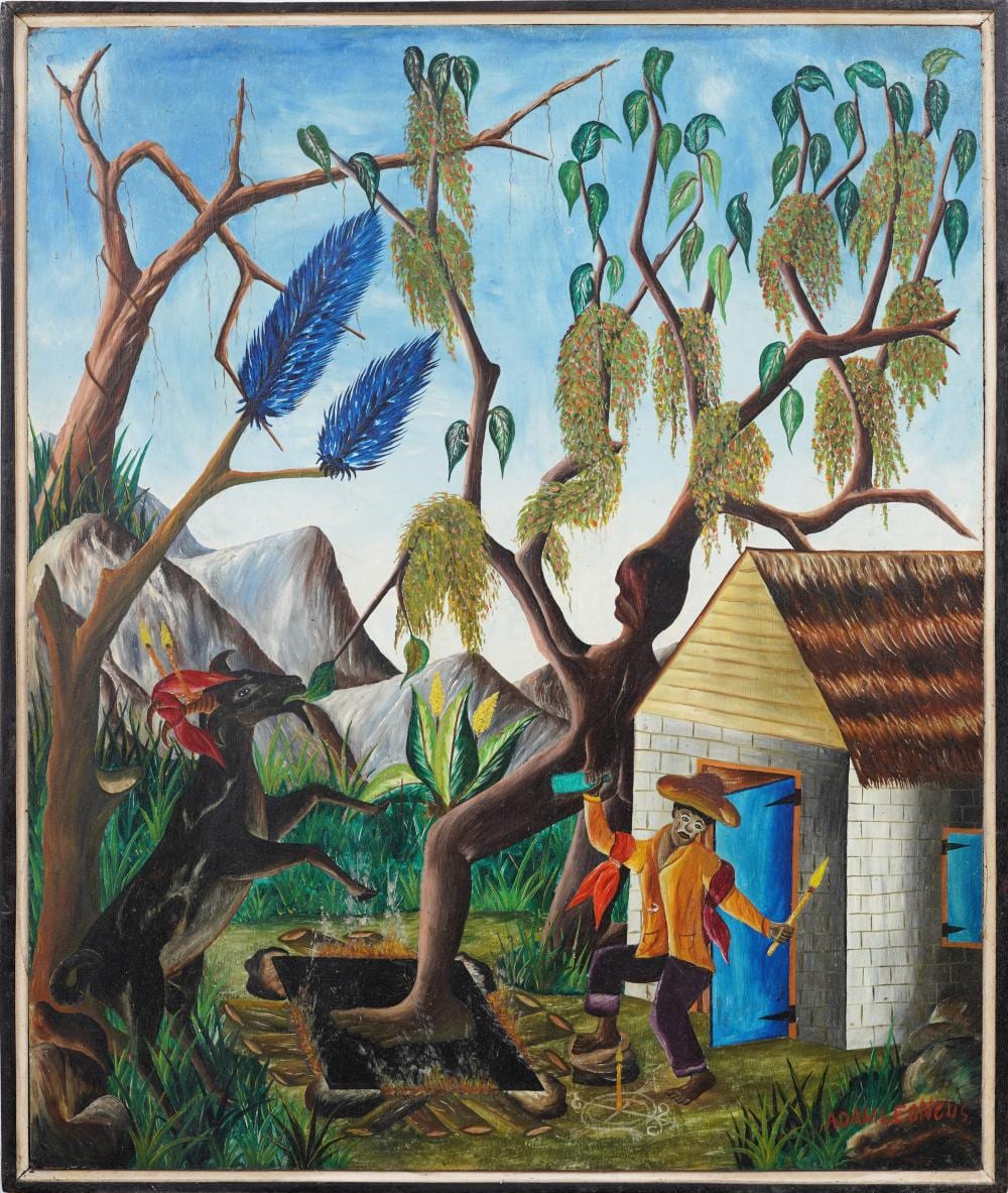Adam Leontus comparable auction result: adam leontus 1928 1986 vintage haitian modernist voodoo ritual farm scene oil painting