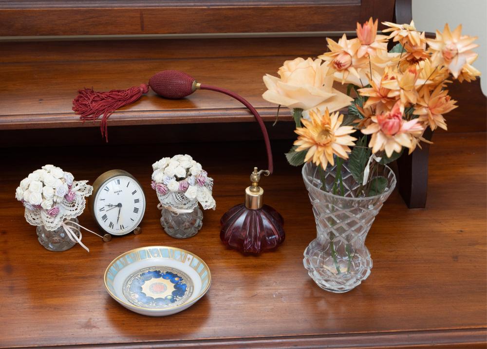 A small group of dressing table wares to include a perfume atomiser, Worcester pin dish, Swiza clock and cut glass vases, clock height 8cm sold by Lawsons, lot 171 — auction record photograph