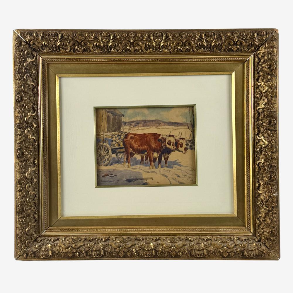 Edward Volkert comparable auction result: winter cattle watercolor by edward volkert