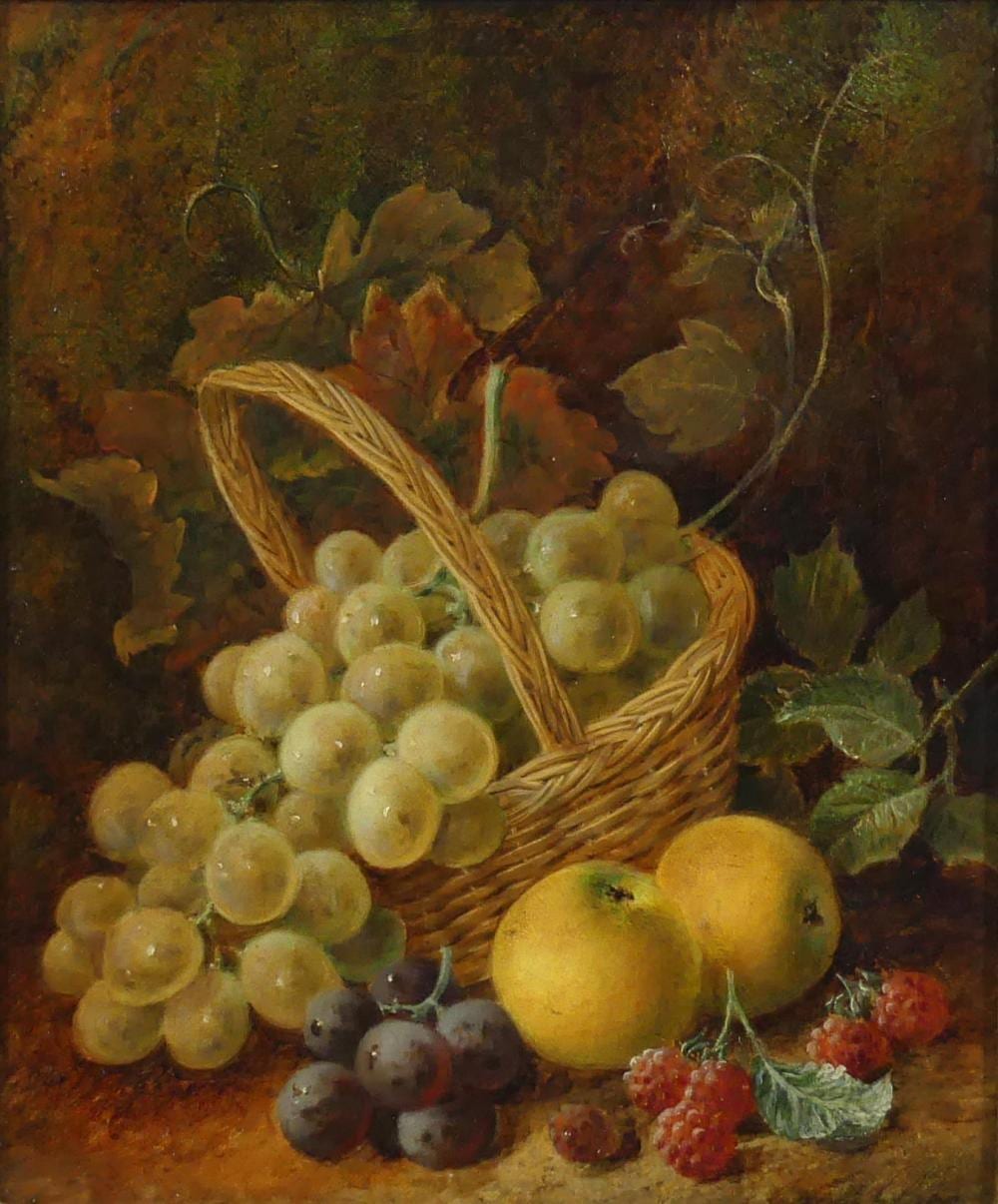 George Clare comparable auction result: george clare 1830 1900 still life with fruit on a mossy bank oil on canvas signed lower right 30 x 25cm