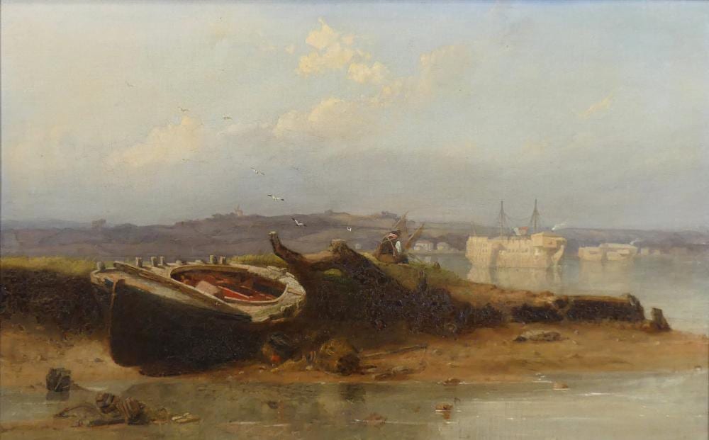 Frederick George Cotman comparable auction result: frederick george cotman 1850 1920 boats and lone fisherman on an east anglian river oil on canvas relined 43x69cm