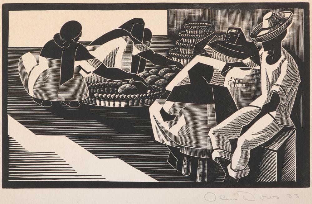 Olin Dows comparable auction result: olin dows american 1904 1981 street scene acapulco 1933 woodcut