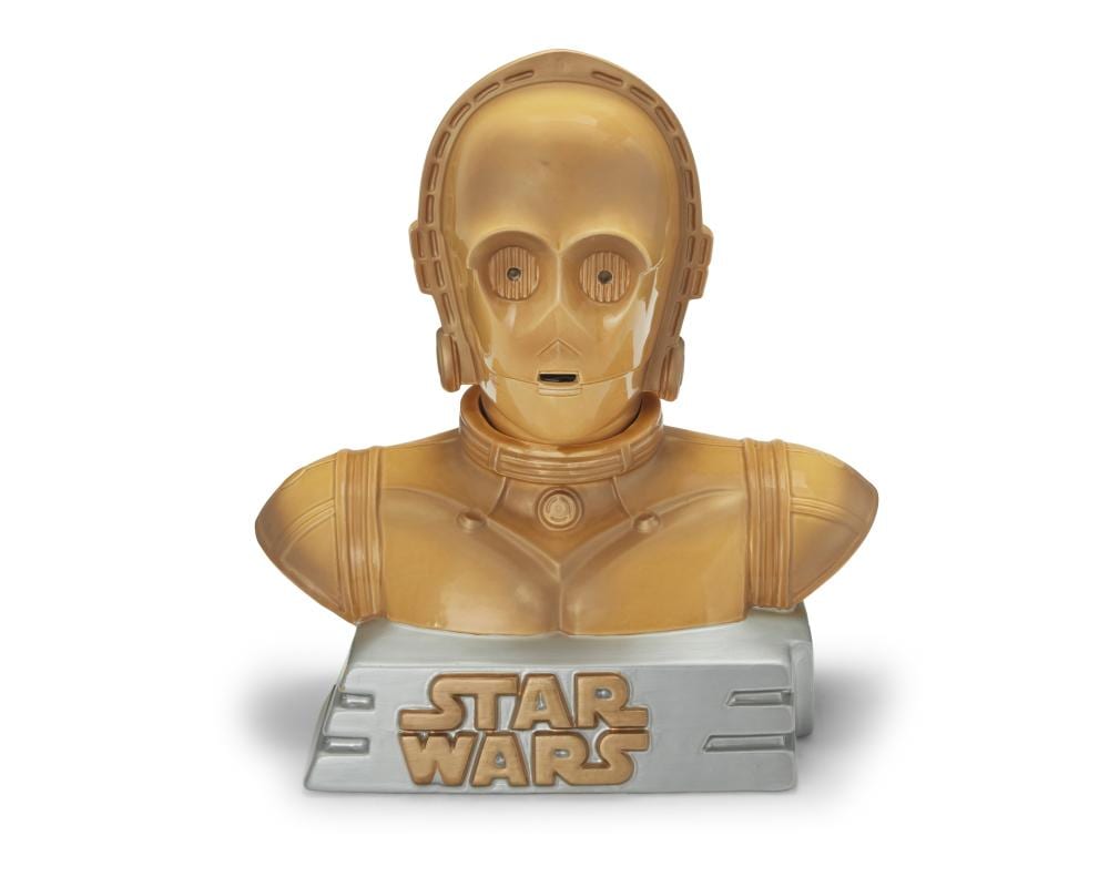 Gold and silver Star Wars C-3PO-style cookie jar with character head and “STAR WARS” label on the base.