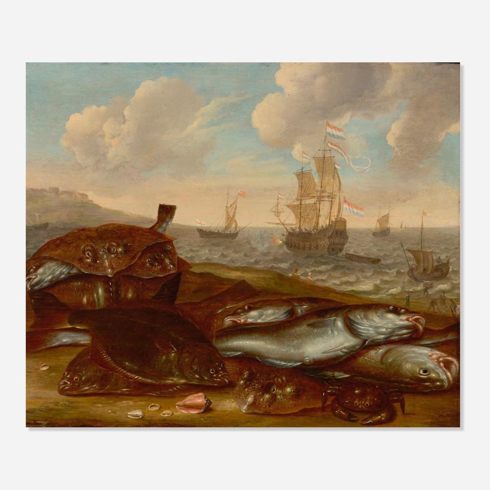 Abraham Willaerts comparable auction result: abraham willaerts seascape with various vessels with fish in foreground