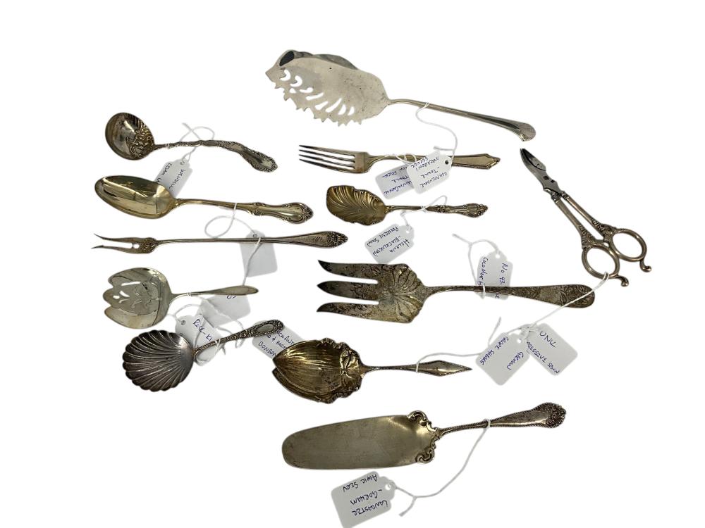 For Collectors or Resale - 12 Pieces: Antique to Vintage Sterling Silver Flatware/Other Including a Rare Chow Chow Fork, Aspic Server by Shreve & Co., Grape Shears - Total 17.9 Troy Ounces sold by Apple Tree Auction Center, lot 3017 — auction record photograph