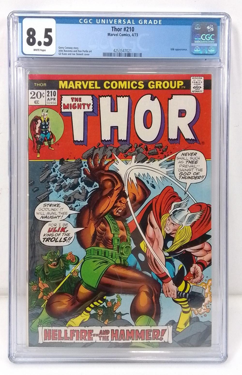 CGC-graded comic book cover featuring Thor #210 with Marvel Comics Group branding, inside a clear protective case.