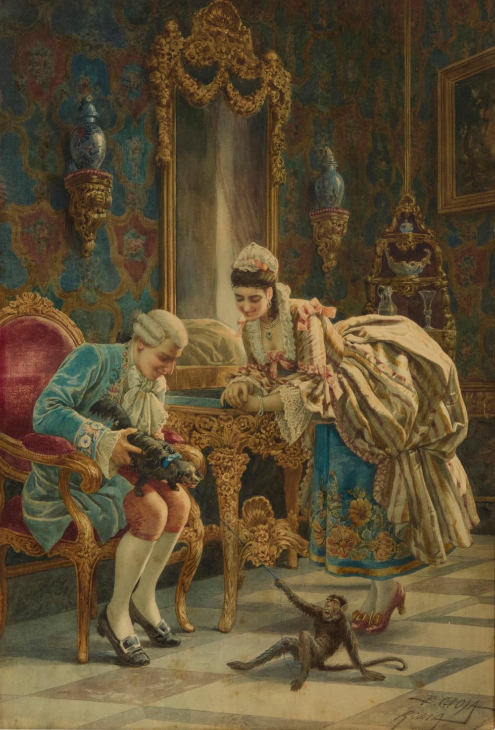 Belisario Gioja comparable auction result: belisario gioja 1829 1906 italian couple playing with a dog and monkey in an ornate interior