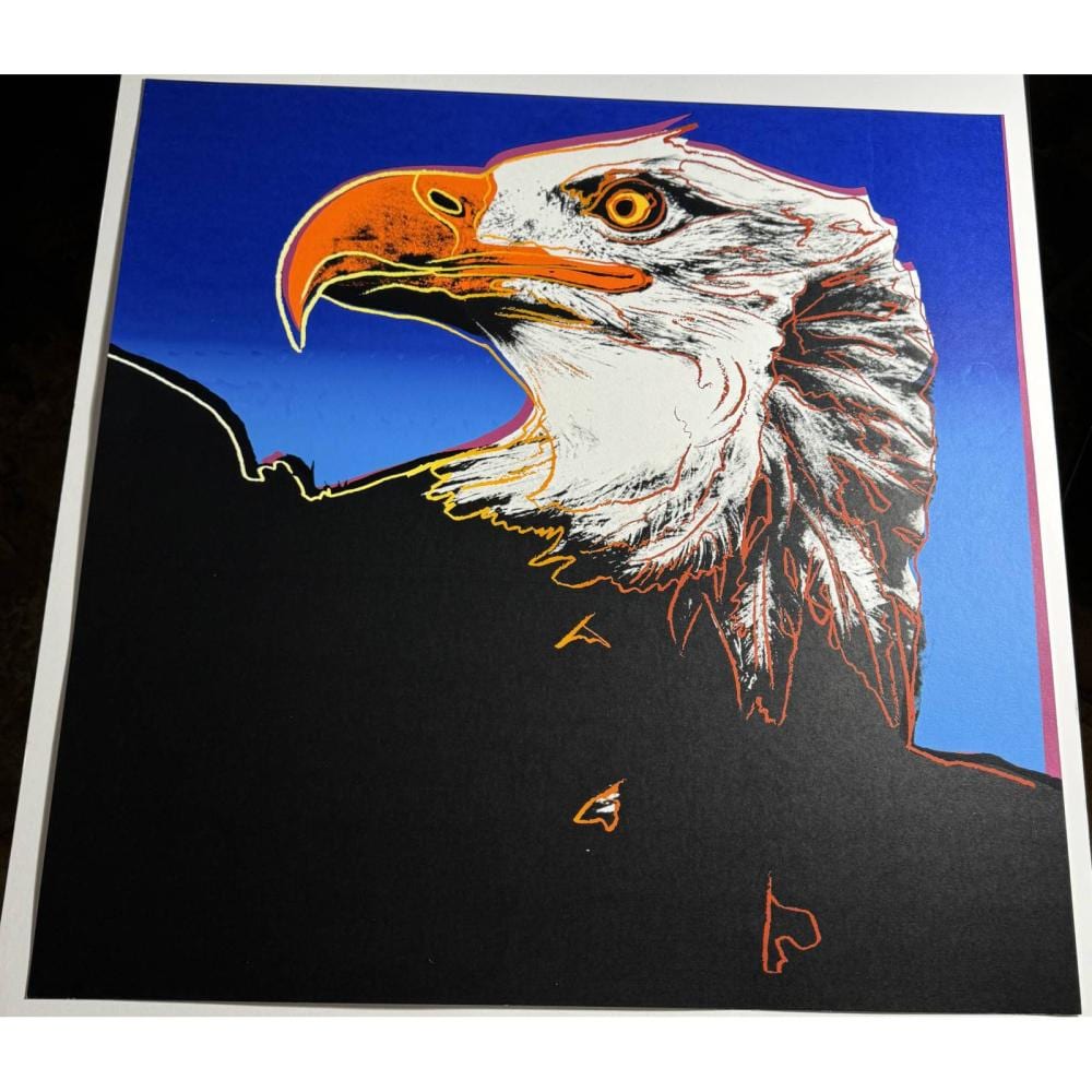 Color screenprint showing a close-up bald eagle head with orange beak against a blue background and black lower area.