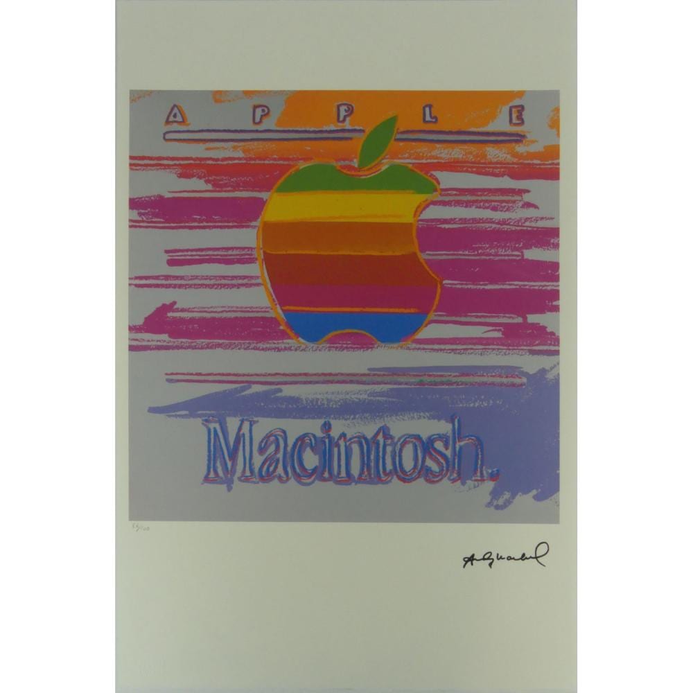 Colorful graphic print showing a stylized apple centered over horizontal magenta and blue lines with the word “Macintosh” at the bottom.