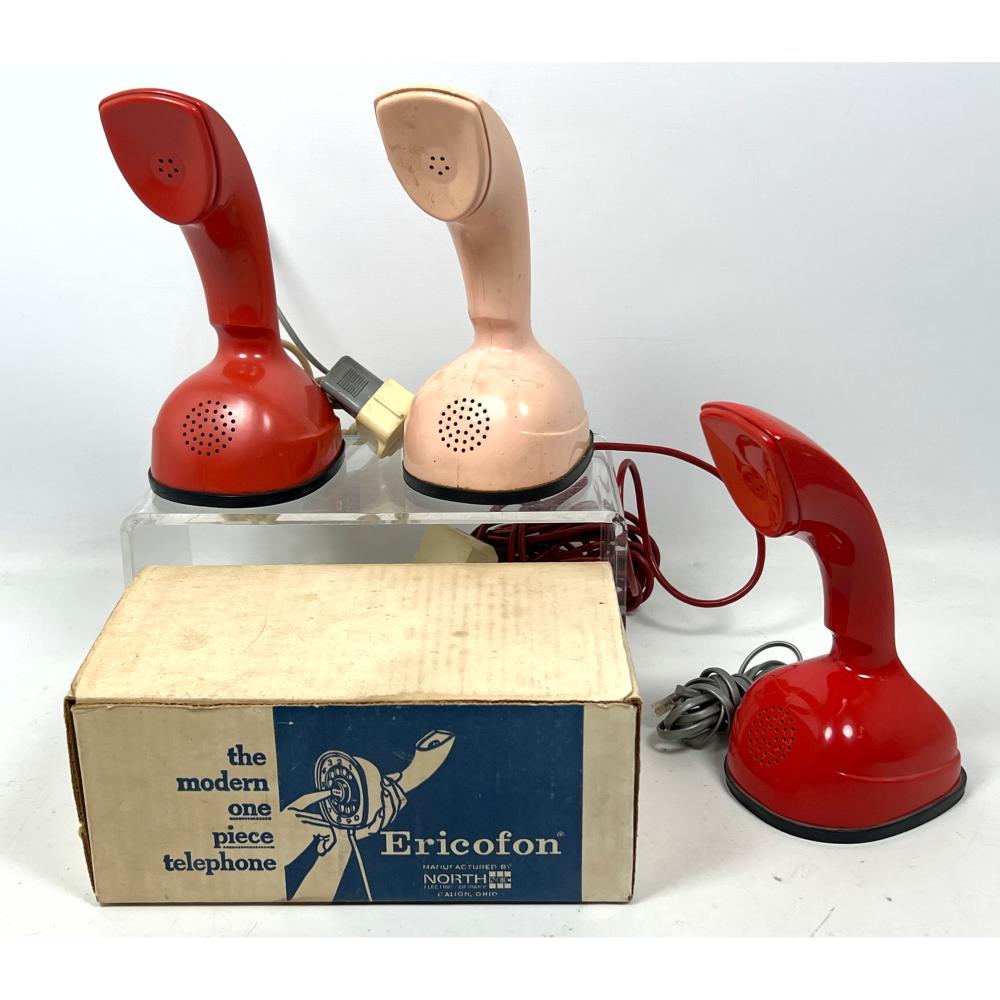 3 VINTAGE MID CENTURY SWEDISH DESIGN COBRA ERICOFONS WITH AN ORIGINAL BOX. PHONES. sold by Uniques & Antiques, lot 1057 — auction record photograph