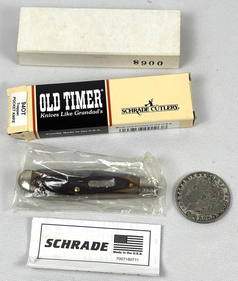 Sterling Fur Outfitters 25th Anniversary Imperial Schrade Old Timer 940T Pocket Knife w/ Box sold by One Source Auctions, lot 19 — auction record photograph