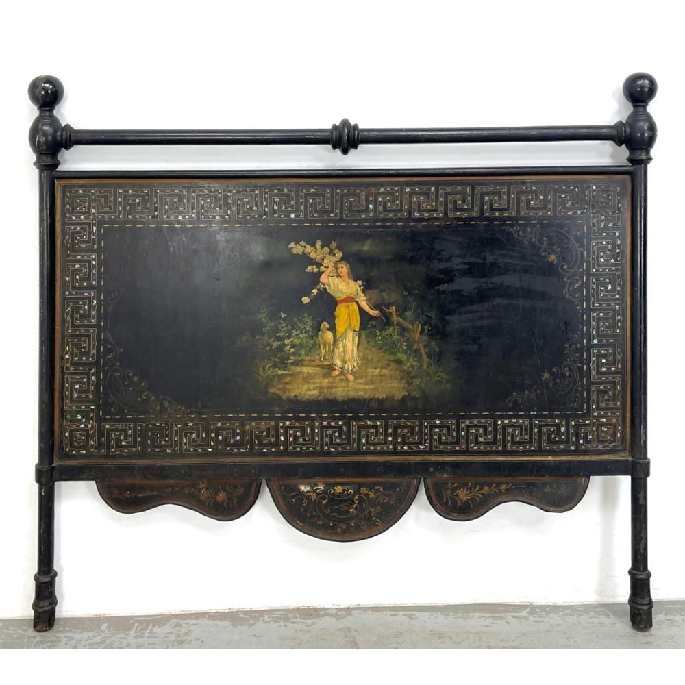 ANTIQUE VICTORIAN IRON HEADBOARD BED. PAINTED CENTER PANEL. sold by Uniques & Antiques, lot 1576 — auction record photograph