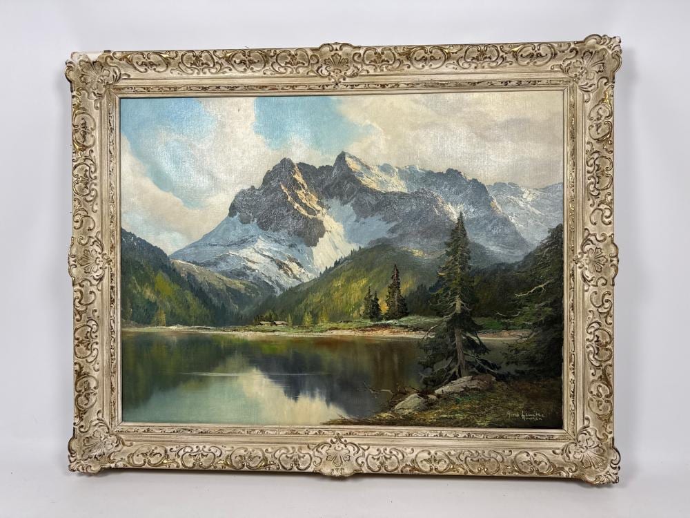 Arno Lemke comparable auction result: arno lemke original oil painting on canvas mountainous landscape featuring a serene lake reflecting