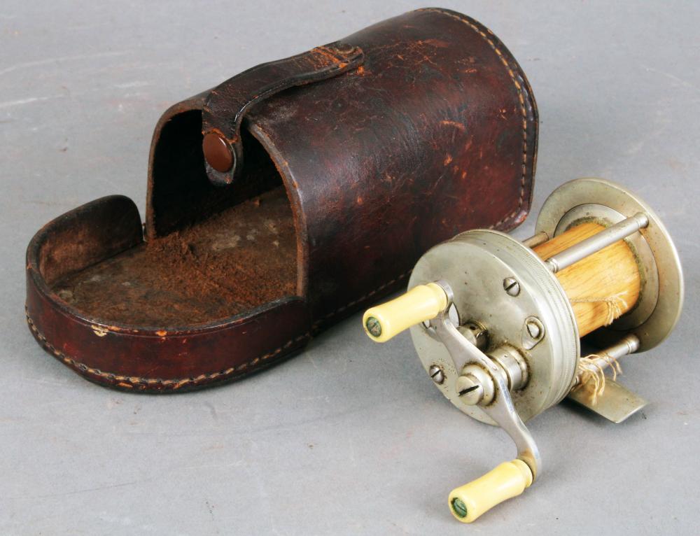 Antique Heddon’s & Sons nickel plated fishing reel: 3-30 stamped ‘Made by James Heddon’s & Sons Dowagiac Mich.’; all original with original good, brown leather case; 2” Dia. X 2 ¼” W (Good) sold by Roan Inc. Auctioneers & Appraisers, lot 346 — auction record photograph
