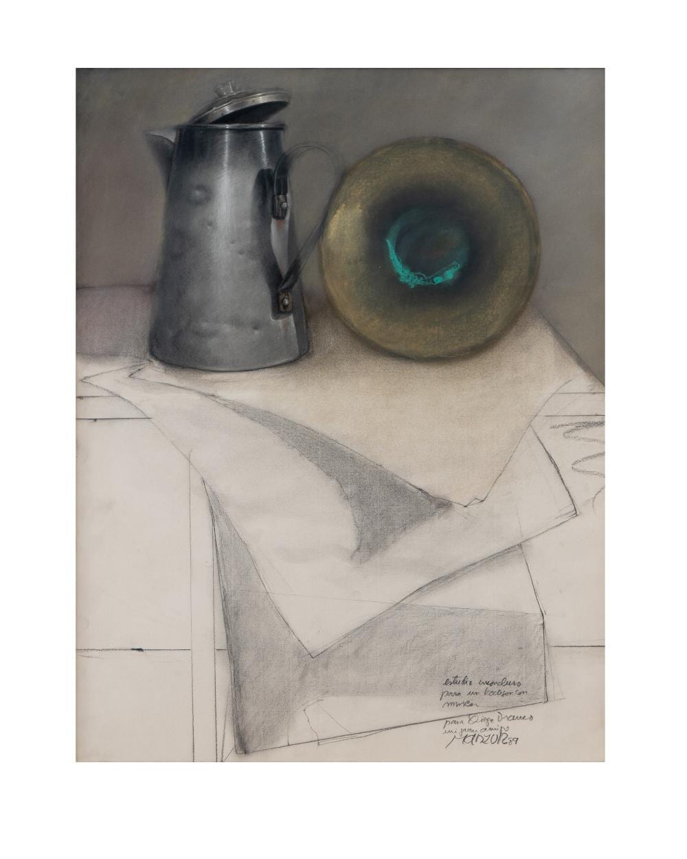 David Manzur (1929) Estudio Inconcluso Para un Bodegón con Música, 1989 Carboncillo y pastel sobre papel Medidas: 50 x 65 cm comparable sale