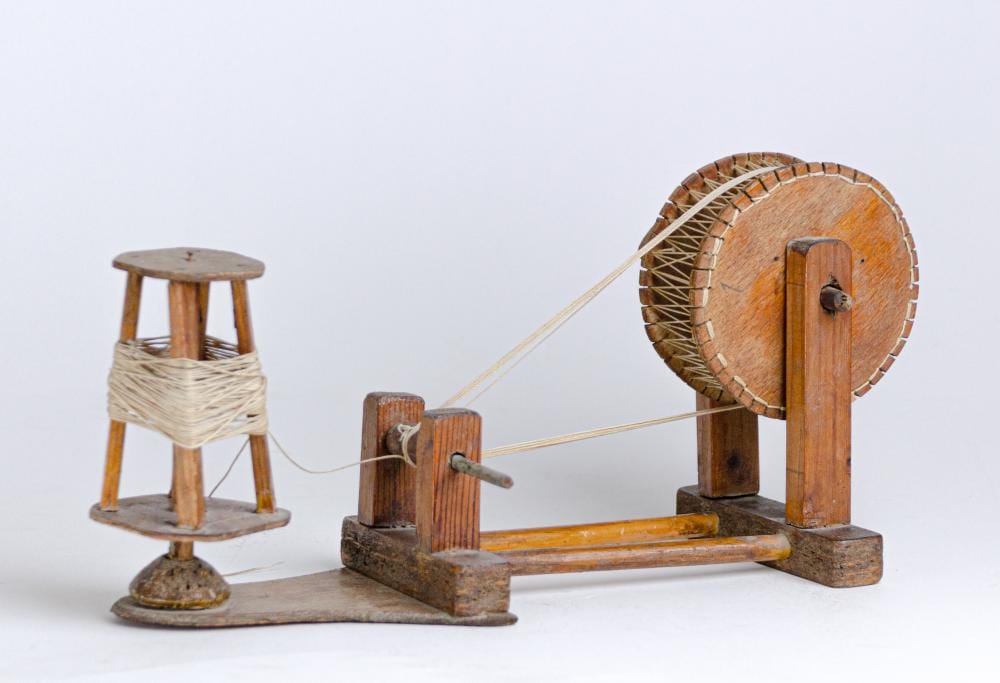 Michael Kashalos comparable auction result: michael kashalos miniature wooden spinning wheel with crank and spool
