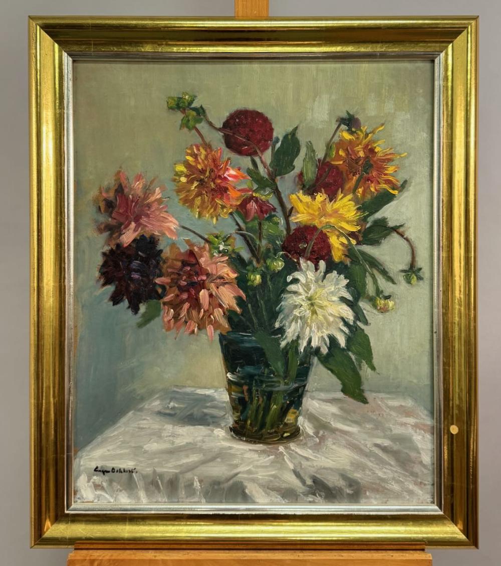 EUGEN DEKKERT (1865 STETTIN - 1956 GARMISCH-PARTENKIRCHEN), ÖLGEMÄLDE, "DAHLIENSTRAUSS" / EUGEN DEKKERT (1865 STETTIN - 1956 GARMISCH-PARTENKIRCHEN), OIL PAINTING, "BOUQUET OF DAHLIAS" sold by Kunstauktionhaus Georg Rehm, lot 8612 — auction record photograph