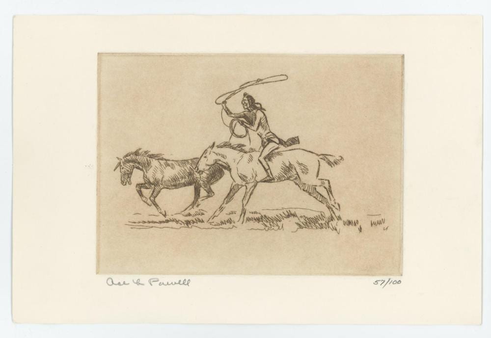 Black-and-white engraving print showing a cowboy roping a rider on a bucking horse, with a horse in the background.