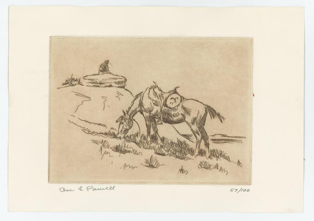 Black-and-white engraving print of a Native American man in profile sitting in grass beside a mesa-like rocky hill, with another figure on top.