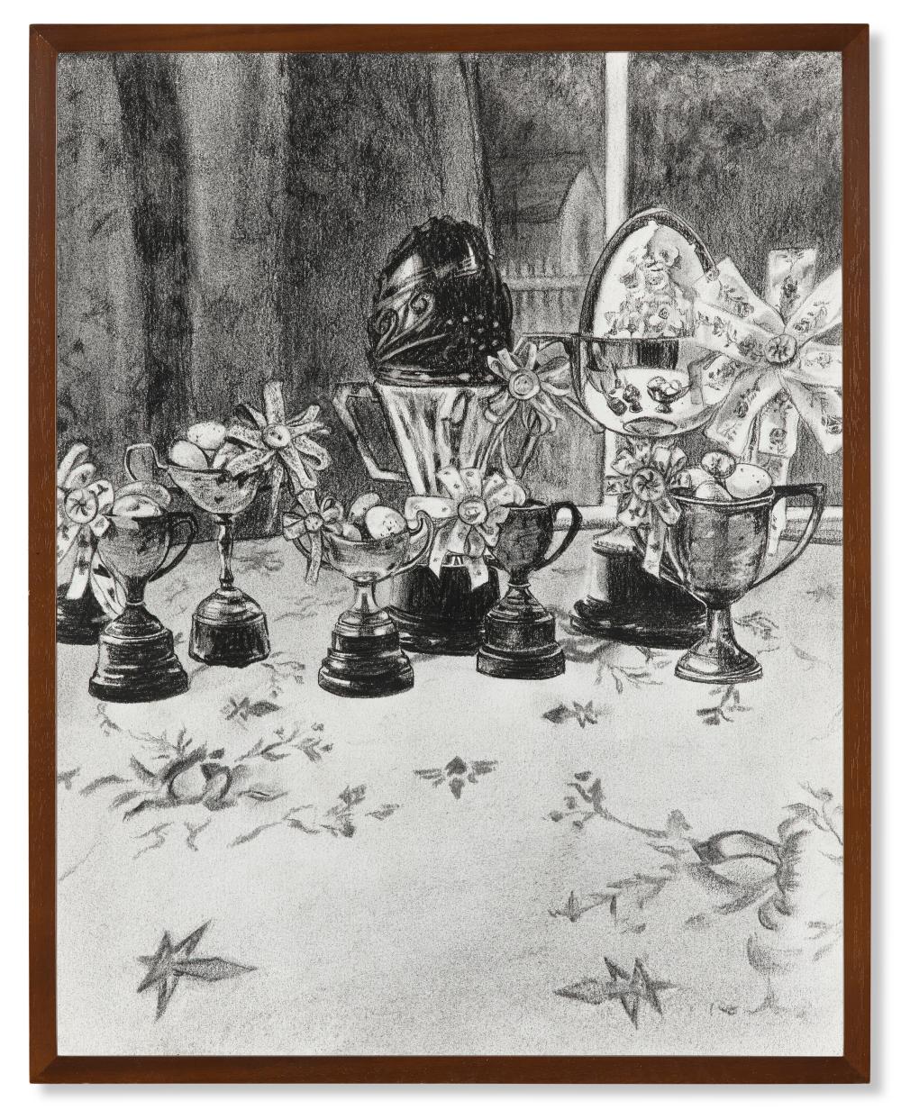 Elad Lassry comparable auction result: elad lassry b 1977 eggs ribbons charcoal on paper laid down on dibond