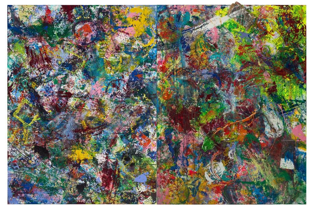 Dan Colen comparable auction result: dan colen b 1979 bicycling no hands diptych oil and trash collage on c