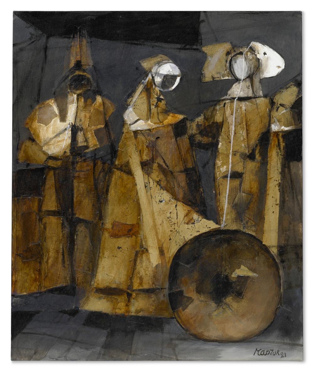 david manzur b 1929 damas con corno acrylic and collage on canvas23 · Christie's · 2025-12-17 David Manzur Londoño comparable auction result: david manzur b 1929 damas con corno acrylic and collage on canvas23