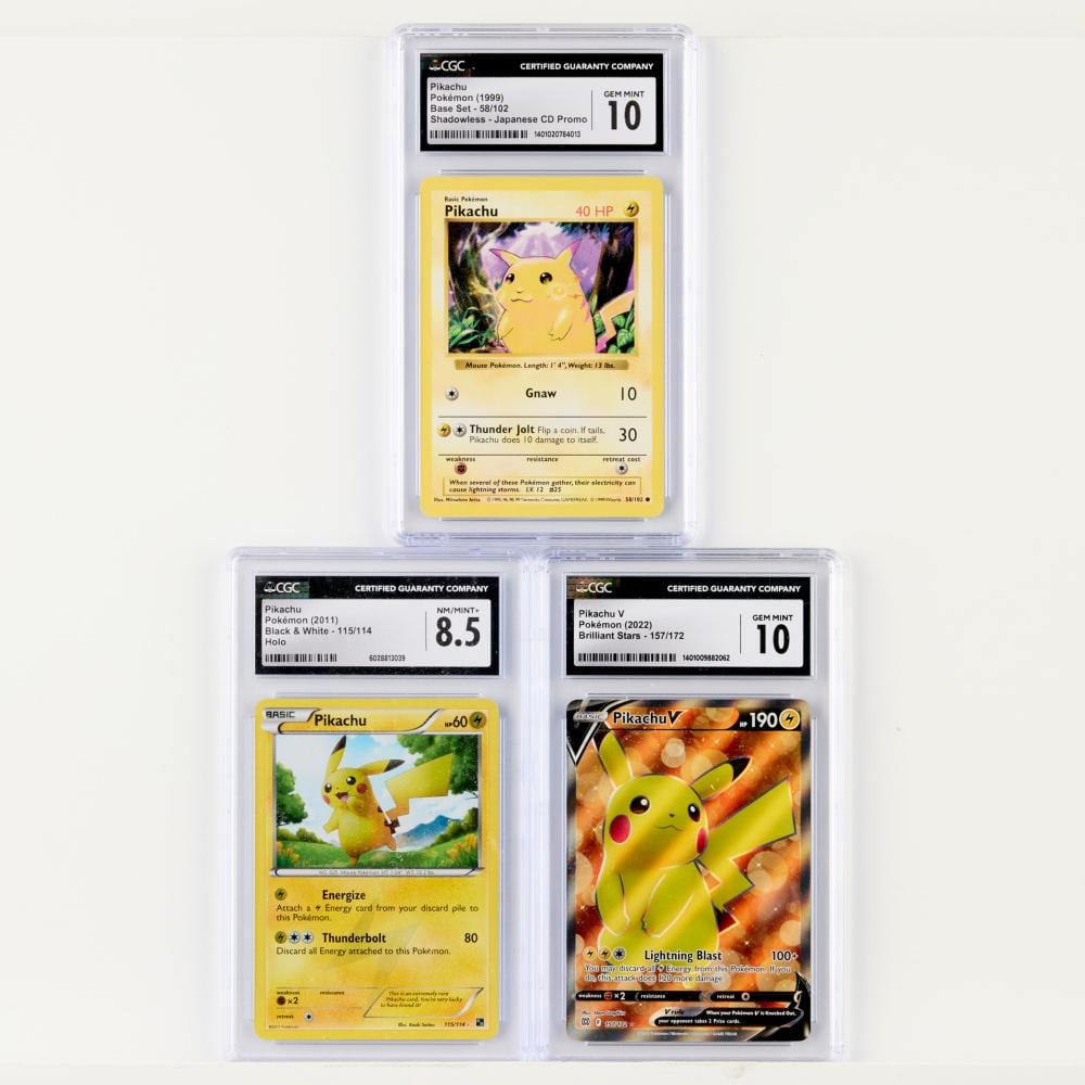 Three Pikachu trading cards in clear slabs, labeled CGC Certified Guarantee Company, arranged on a white background.