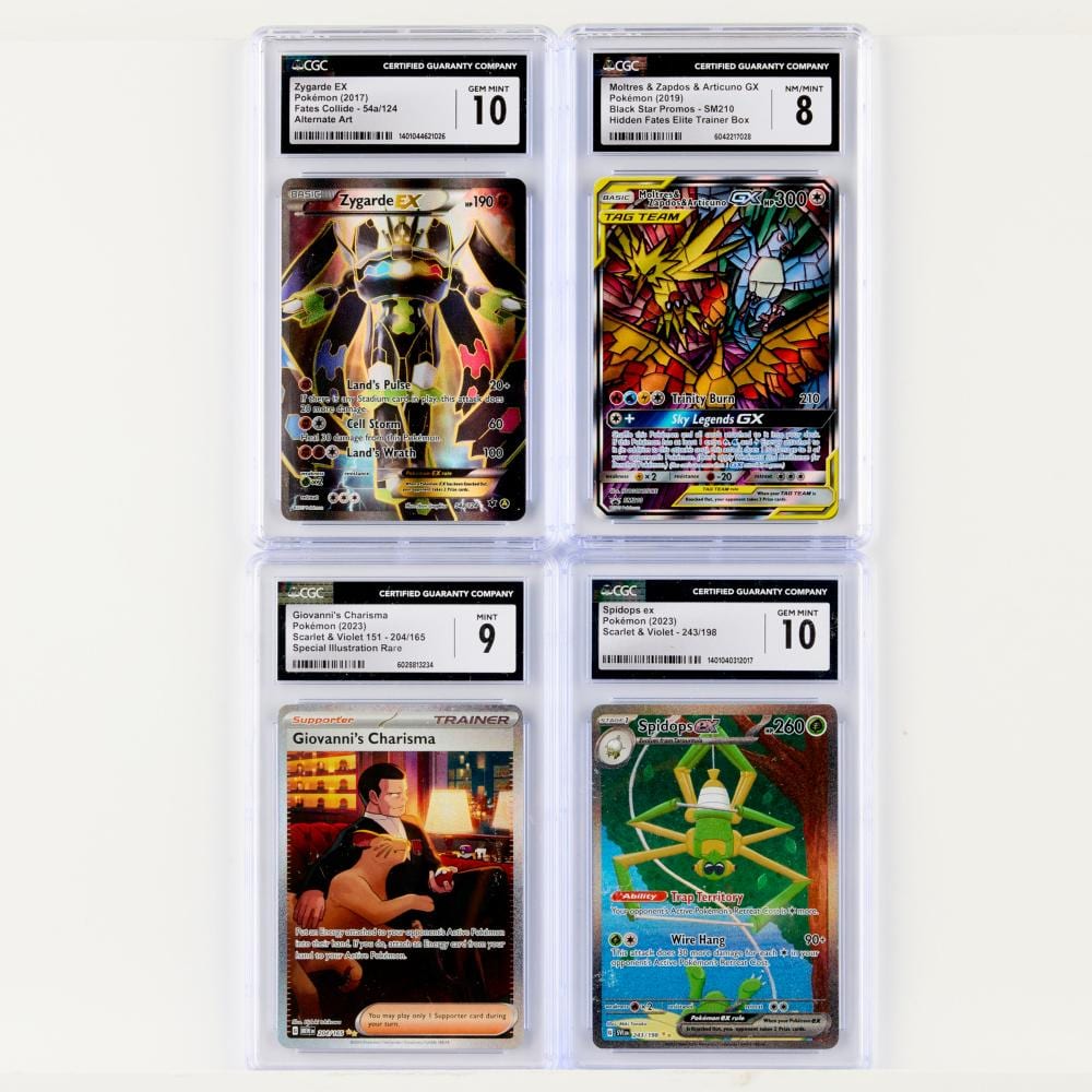 Four Pokemon trading cards in clear plastic slabs on a white background, showing Zygarde EX, Moltres & Zapdos & Articuno GX, Giovanni’s Charisma, and Spidops EX