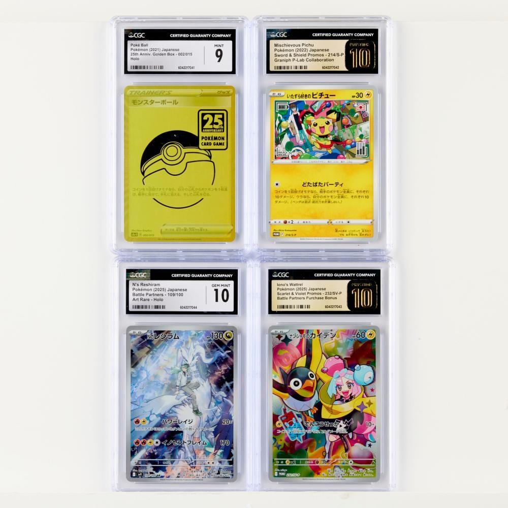 Four Pokémon trading cards in clear plastic slabs, two on the top row and two on the bottom row, each labeled with a grade.