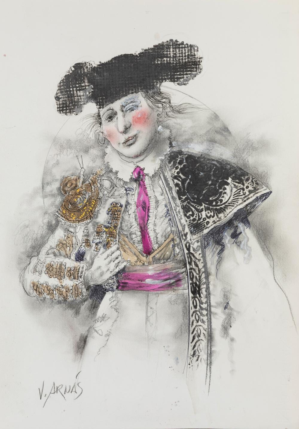 Vicente Arnás Lozano comparable auction result: vicente arn s lozano madrid 1949 miss bullfighter mixed media on paper signed in the lower right corner signed dated and titled on the back